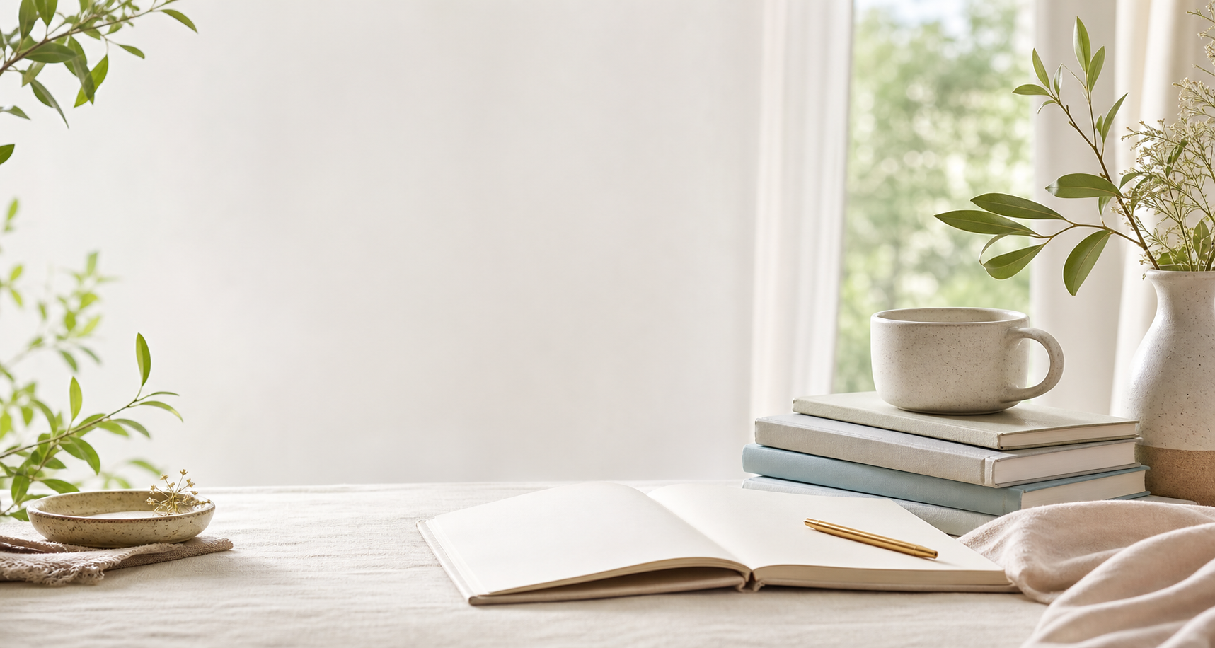Carnet, livres et plantes dans une lumière douce
