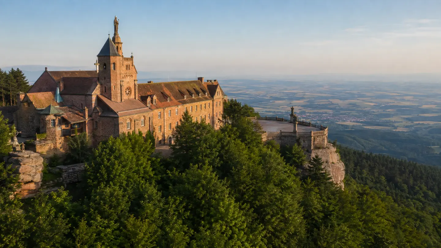 Illustration réaliste du sanctuaire du Mont Sainte-Odile dominant la plaine d’Alsace